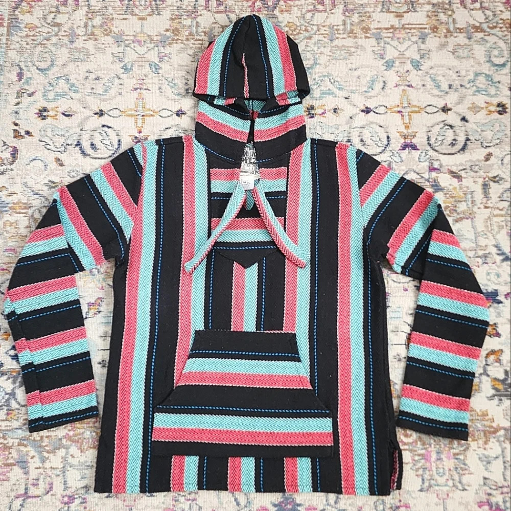 Original Senor Lopez Baja Pullover Hoodie Multicolor Stripe Shirt Made Mexico M